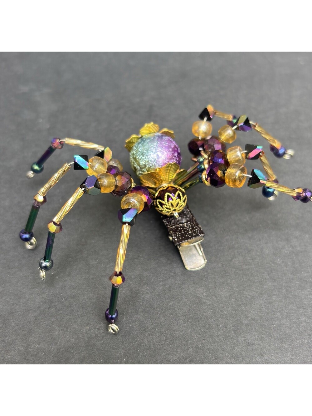 Purple And Golden Beaded Spider Hair Clip Halloweencore 2.75"